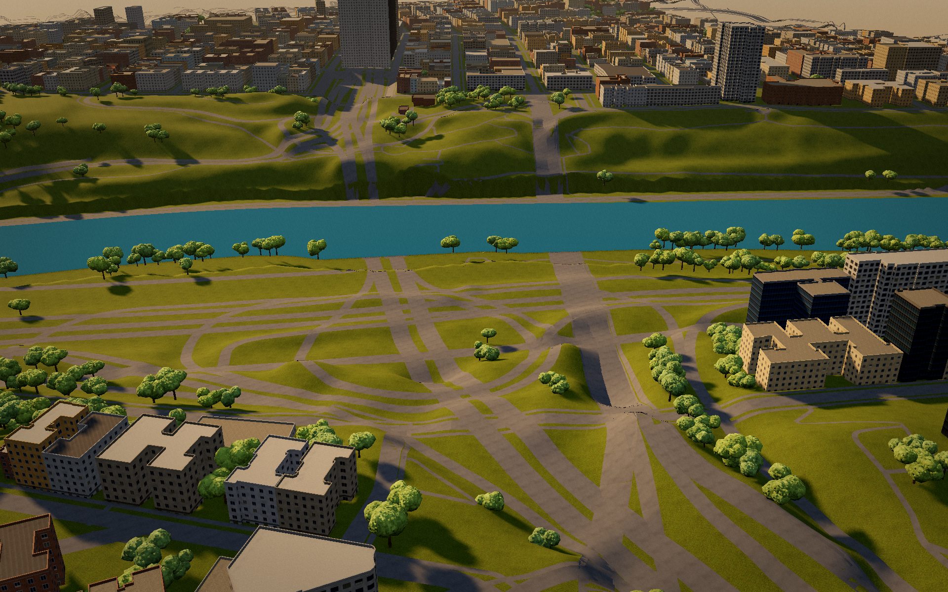 The same area from raw OpenStreetMap data draped on the terrain: bridges lie on the river and the ramps cross at one height