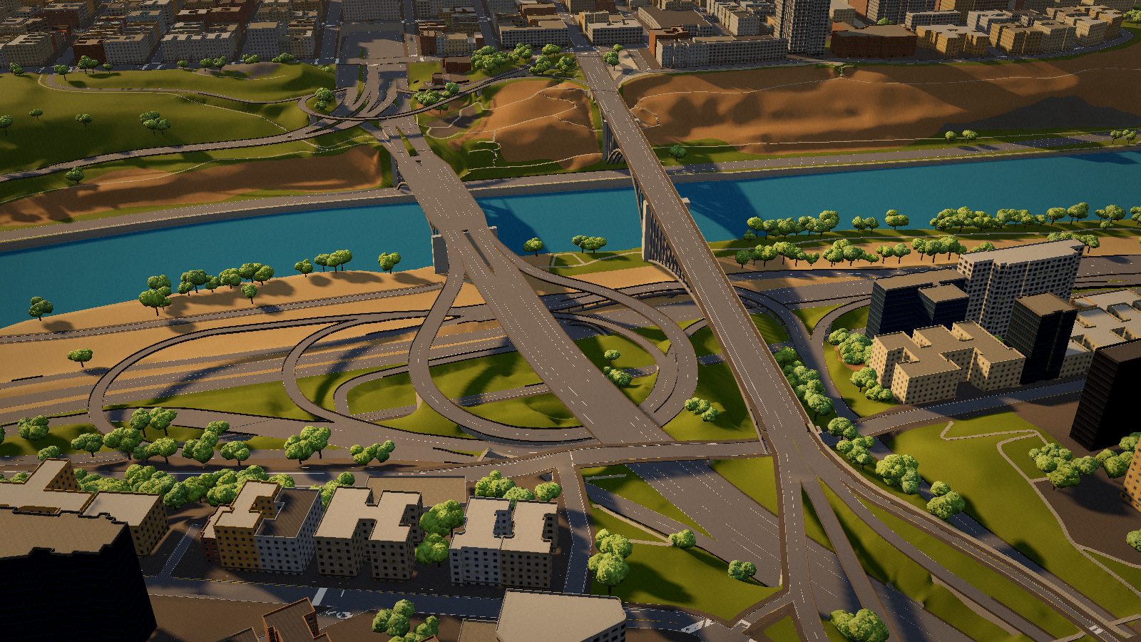 The interchange seen from the side, lit low