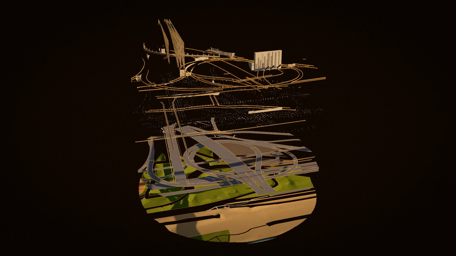 The interchange split into its layers, each one lifted above the next